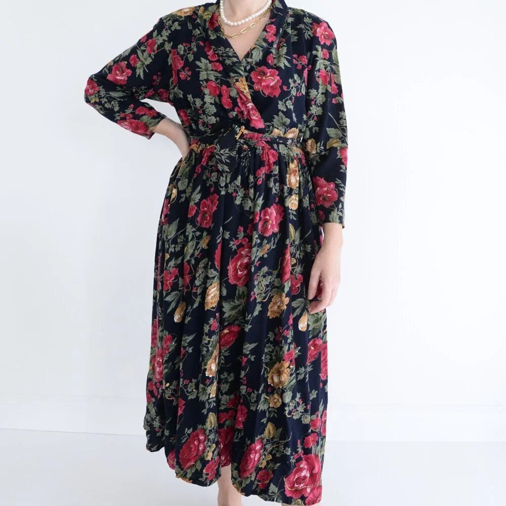 Vintage Together Black Red Floral Roses Print Romantic Button Maxi Dress 10P